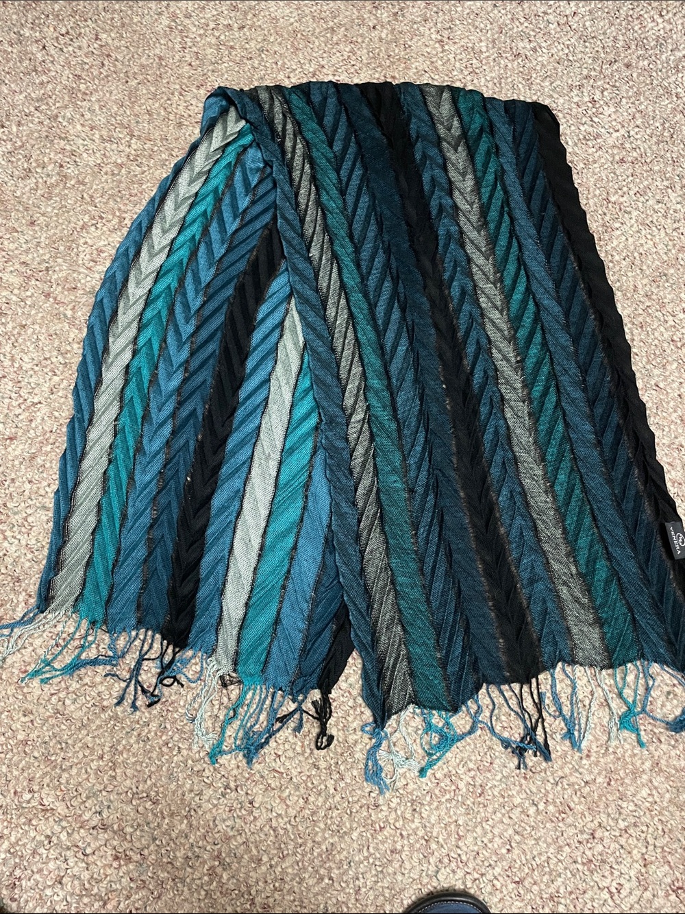 Wool silk Striped scrunchy Fringe Scarf in Teal, Navy & Gray